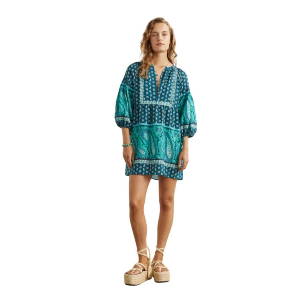 NWT Boteh Elba Mini Dress Womens 4 XL Green Paisley Linen V-Neck 3/4 Sleeve NEW